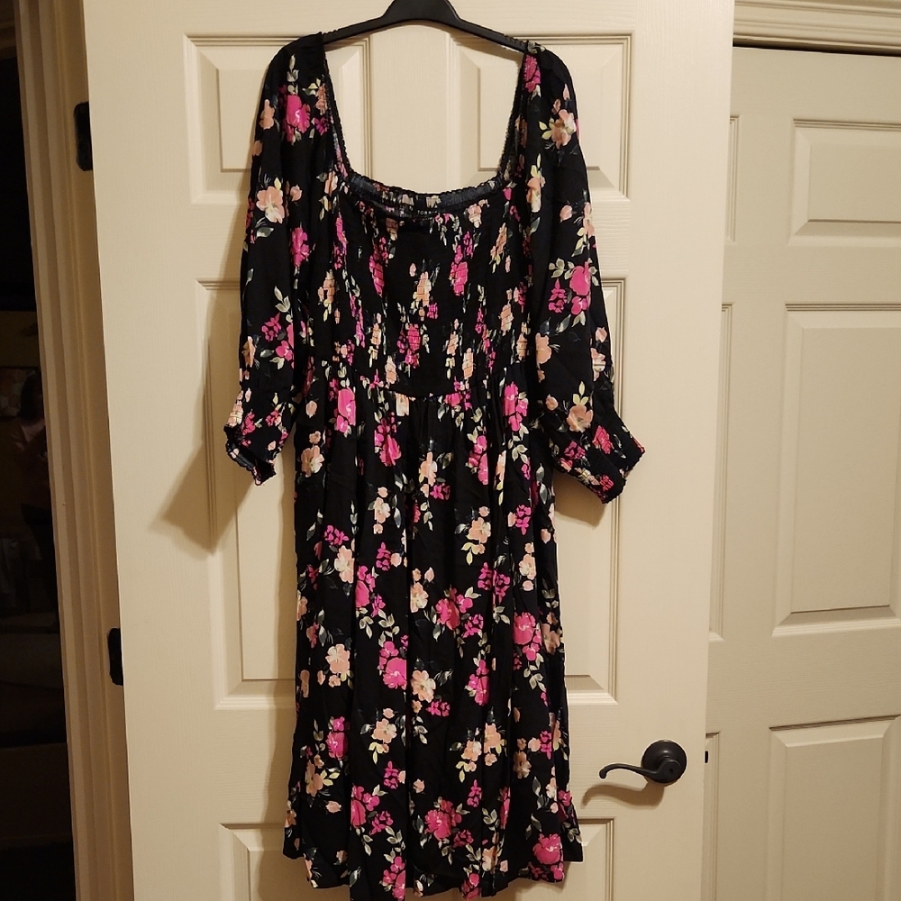Torrid Black Floral Midi Dress with Smocked Top, 1X